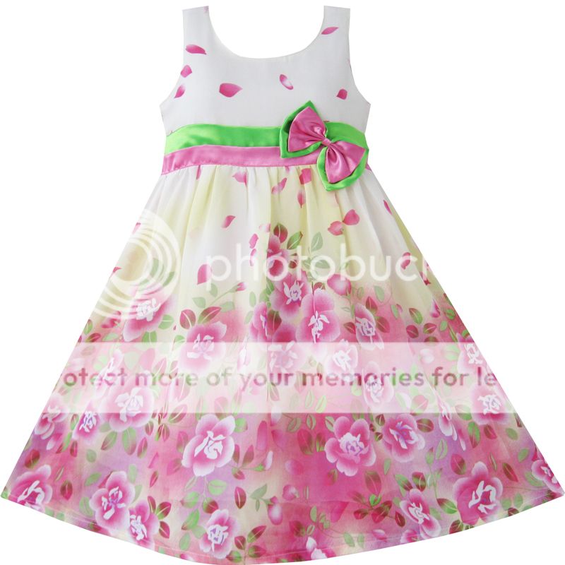Girls Dress Pink Flower Green Bow Tie Princess Party Kids Clothes Size 4 12