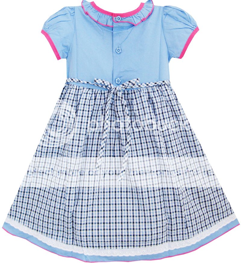 2 in 1 Baby Girls Dress Short Sleeve Blue Plaids Embroider Flower Kids Sz 3