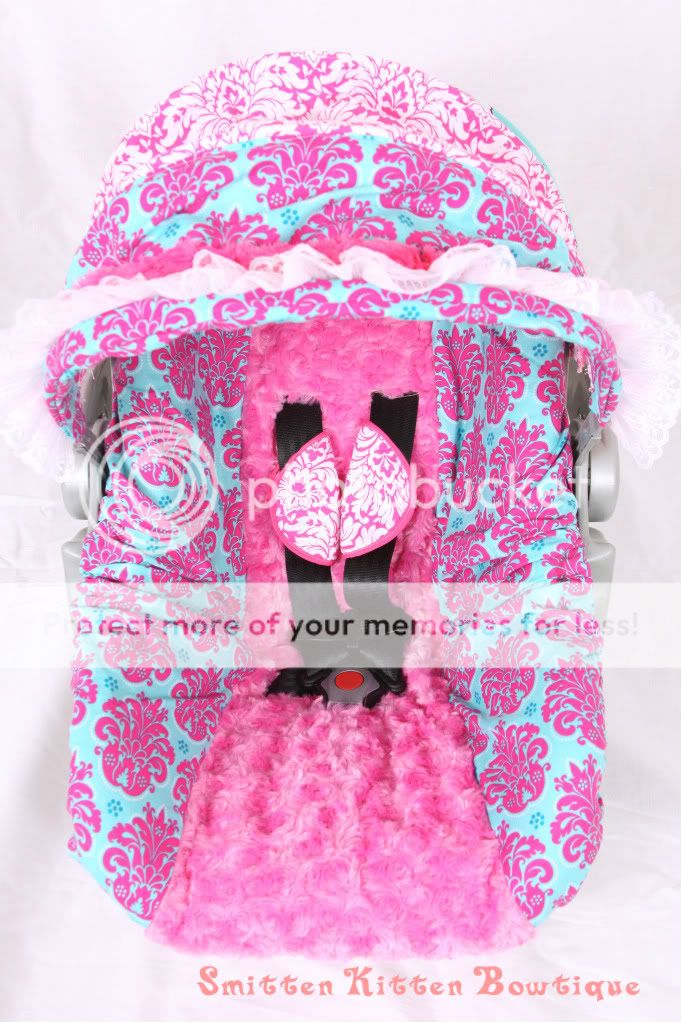 Boutique Infant Carseat Canopy Pink and Turqoise Damask Cover  